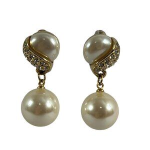 Faux Pearl Dangle Earrings Rhinestones Gold Tone Bridal Wedding 1.25"